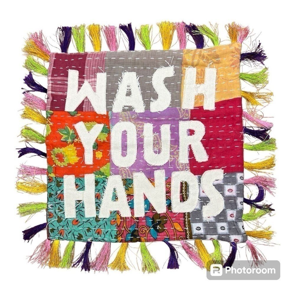 The Round Top Collection Patchwork "Wash Your Hands" Pillow Cover Multicolor NWT